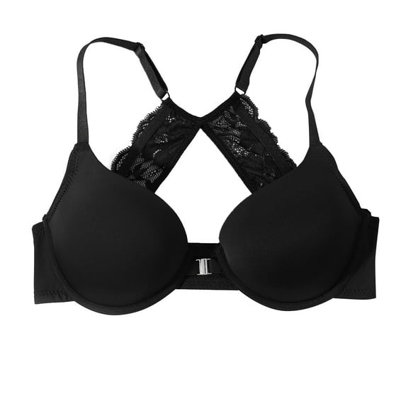 MGDXOX Women's Push Up Racerback Solid Bras Front Closure Underwire Bras Rhinestone Lace Padded Plunge Bralettes Black M