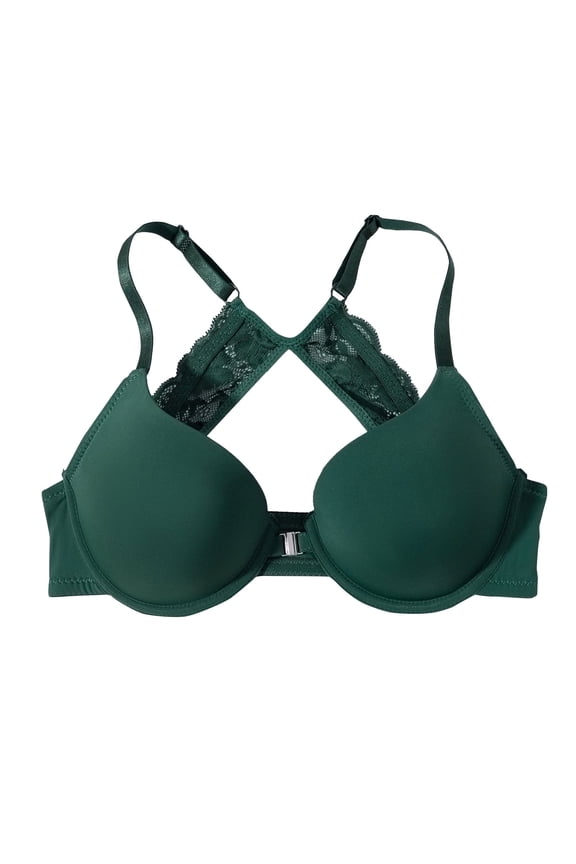 Women's Push Up Racerback Solid Bras Front Closure Underwire Bras Rhinestone Lace Padded Plunge Bralettes Green XL