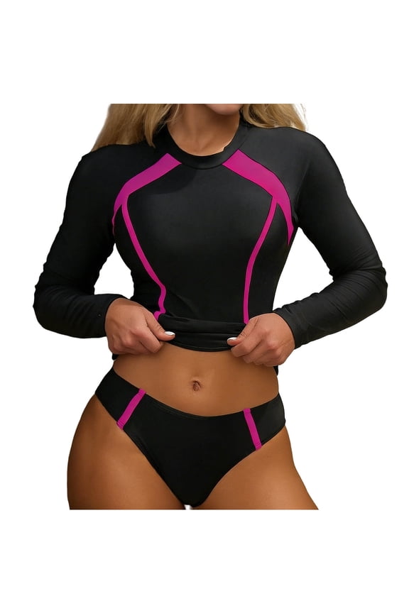 Women's Rash Guard Swimsuits Long Sleeve Sun Protection Bathing Suit Tropical Swim Shirts with Briefs Hot Pink L