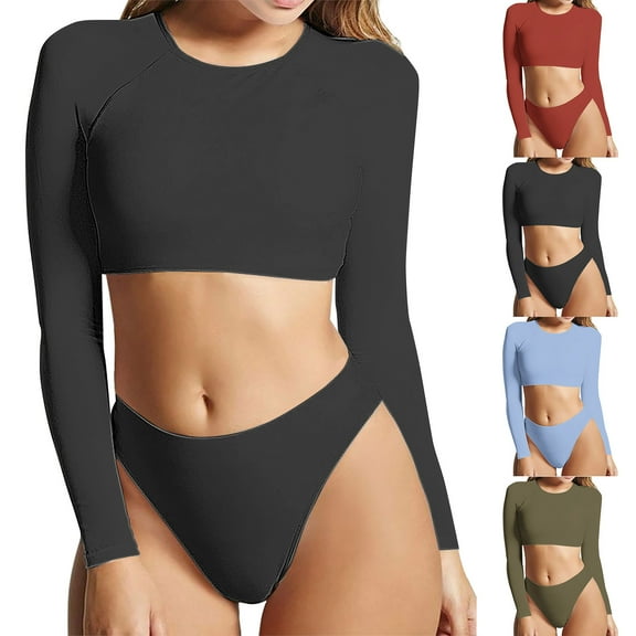 MGDXOX Women's Rash Guard Two Piece Swimsuit Long Sleeve Swim Top with Bikini Bottom Tankini Set High Waist Bathing Suit Black M