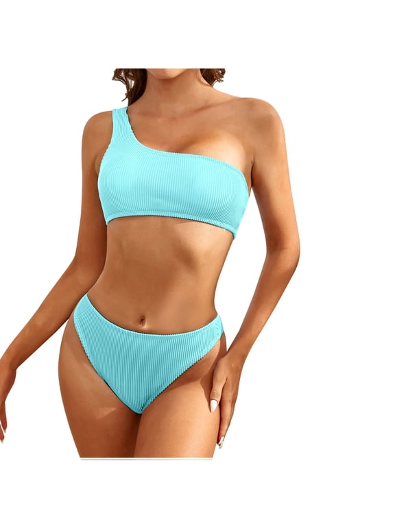 Women's Ribbed Bikini Sets One Shoulder Top High Cut Cheeky Bottom Solid Color Two Piece Bathing Suit Light Blue L
