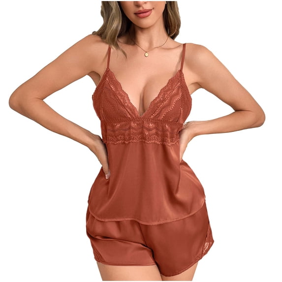 MGDXOX Women's Satin 2 Piece Skirt Sets Lace Trim Silky Spaghetti Strap Cami Tops Cute Mini Skirt Sleepwear Lounge Outfit Brown XL