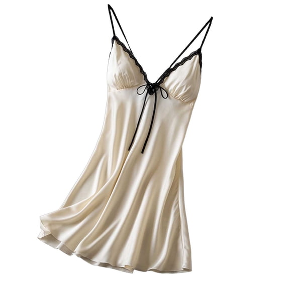 MGDXOX Women's Satin Contrast Lace Trim Slip Nightgown Spaghetti Strap V Neck Bow Detail Silky Sleep Dress Loungewear Yellow L