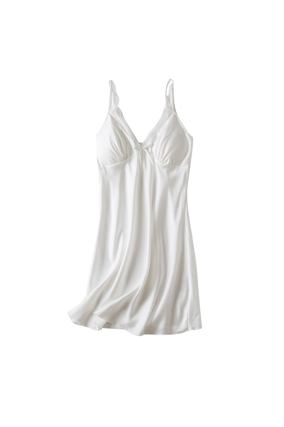 Women's Satin Lace Trim V-Neck Nightgown Spaghetti Strap Sleep Dress with Built-in Bra for Loungewear White S