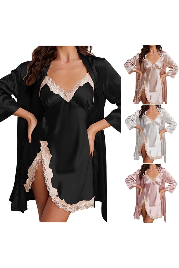 Women's Satin Robe Set 2 Piece Silk Pajamas Sets Lace Cami Nightgown with Kimono Robes Fashion Nightwear Black M