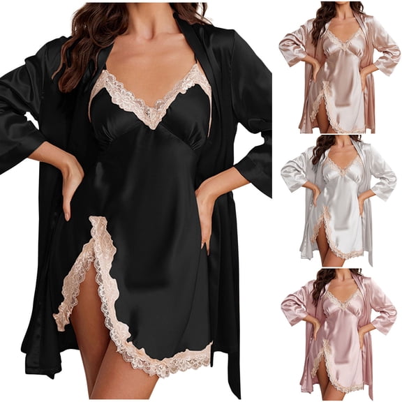 MGDXOX Women's Satin Robe Set 2 Piece Silk Pajamas Sets Lace Cami Nightgown with Kimono Robes Fashion Nightwear Pink L