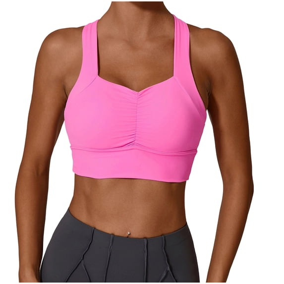 MGDXOX Women's Seamless Ribbed Wireless Sports Bra Yoga Crop Tank Tops V Neck Crop Tops Stretch Athletic Workout Cami Top Pink M