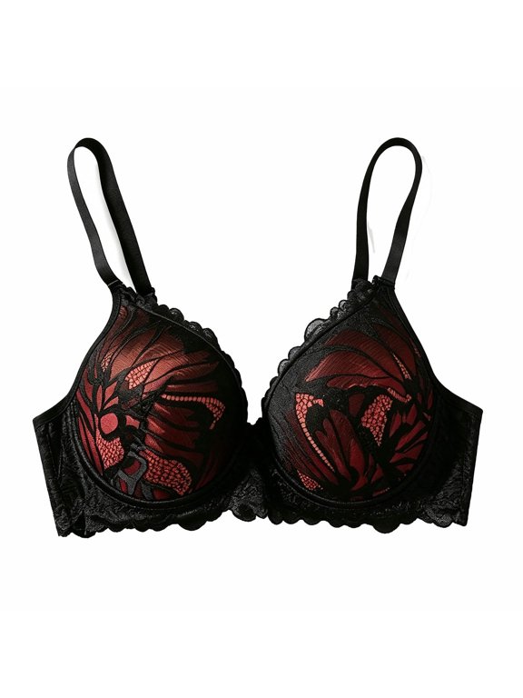 Women's Sheer Leaf Embroidery Lace V-Neck Underwire Bra, Thin Adjustable Strap Side Support Date Night Lingerie Bra Orange 90B