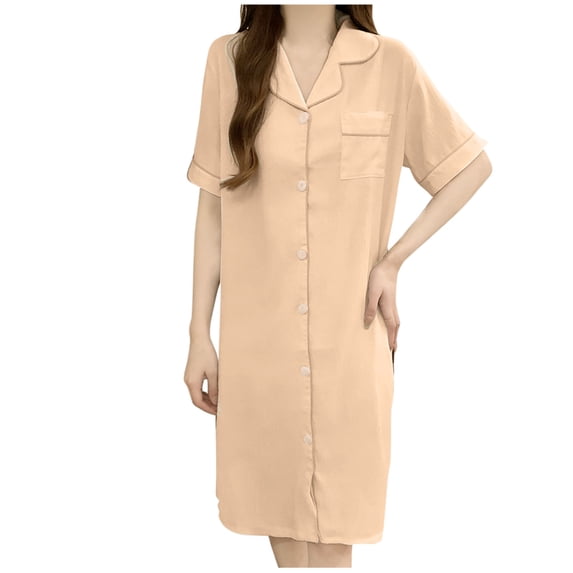 MGDXOX Women's Short Sleeve Nightgown Button Front Sleep Dress with Contrast Piping Chest Pocket Silky Soft Lounge Nightwear Beige L
