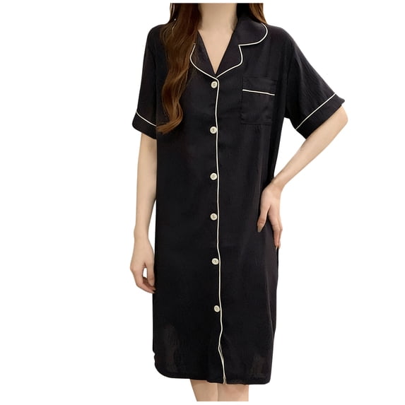 MGDXOX Women's Short Sleeve Nightgown Button Front Sleep Dress with Contrast Piping Chest Pocket Silky Soft Lounge Nightwear Blue M