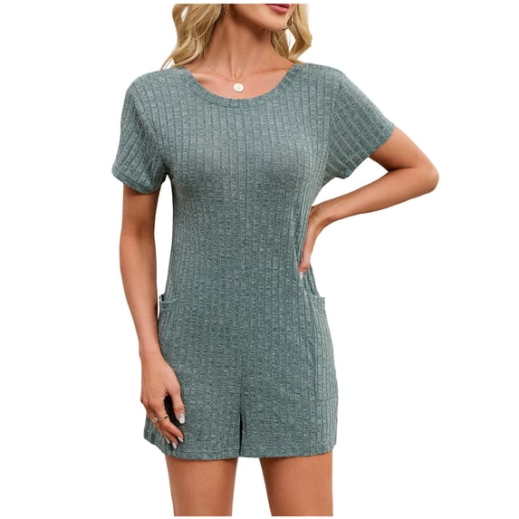 MGDXOX Women's Short Sleeve Rompers Ribbed Knit Crew Neck Loungewear Summer One Piece Jumpsuit Pajama Set Bodysuit Green M