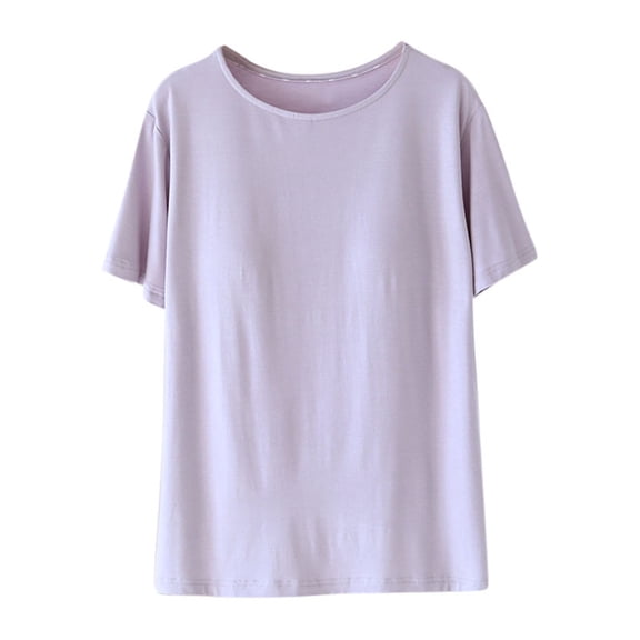 MGDXOX Women's Short Sleeve Sleepshirt with Built-In Bra Soft Modal Cotton Blend Round Neck Loungewear for Summer Purple L