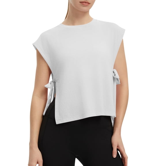 MGDXOX Women's Side Tie Cap Sleeve Tank Top Casual Cropped Flowy Blouse Loose Fit Sleeveless Shirt for Yoga Workout & Daily Wear White XXL
