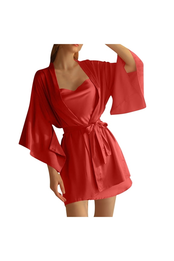 Women's Silk Short Skirt Robes Exotic Loungewear Satin Bathrobe Lightweight Wedding Nightgowns for Bridal Party Red XL