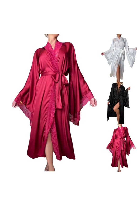 Women's Soft Kimono Robes Silk Pajamas Bathrobes V-neck Long Sleeve Lace-Trim Loungewear Casual Sleepwear White M