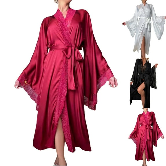 MGDXOX Women's Soft Kimono Robes Silk Pajamas Bathrobes V-neck Long Sleeve Lace-Trim Loungewear Casual Sleepwear Wine S