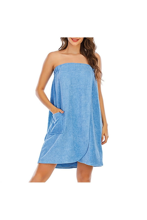 Women's Soft Wrap Towel Full Length Bath Robe After Shower Female Plush Long Spa Bathrobes Lightweight With Pockets Light Blue L