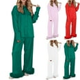 thumbnail image 1 of MGDXOX Women's Solid Silk Feather Trim Pajamas 2 Piece Pajama Set Outfit Satin Long Sleeve Shirt Pants Home Clothes Green XXL, 1 of 8