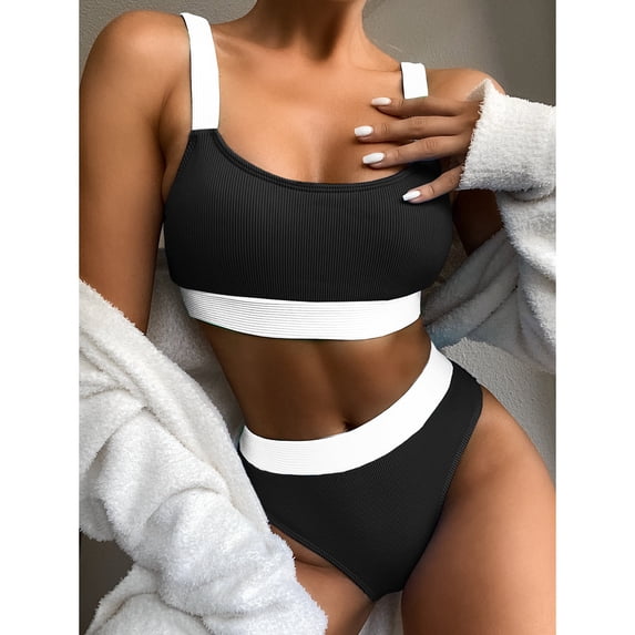 MGDXOX Women's Sports High Waisted Swimsuits Two Piece Scoop Neck Crop Top Bikini Cheeky High Cut Ribbed Color Block Bathing Suit Black L