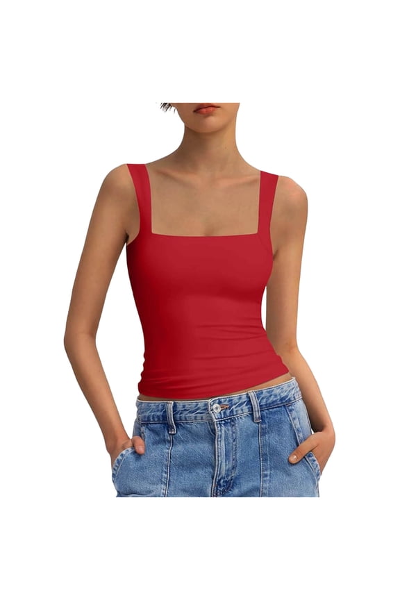 Women's Square Neck Ribbed Tank Tops Wide Strap Form Fitting Sleeveless Blouse Basic Casual Layering Top Red S