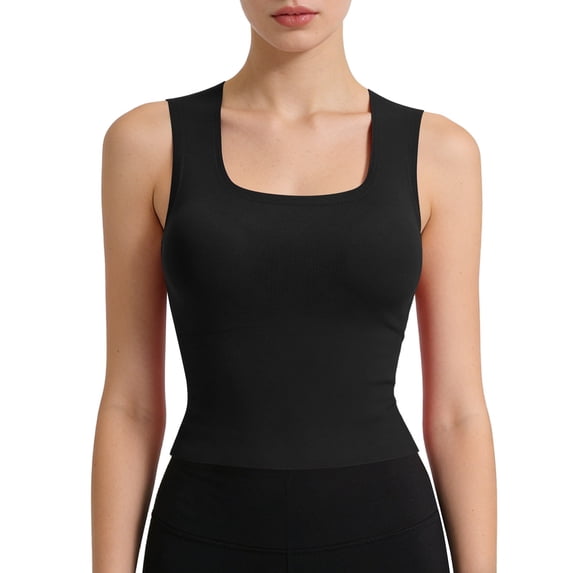MGDXOX Women's Square Neck Seamless Ribbed Tank Tops Sleeveless Form Fitting Basic Casual Workout Vest Black L