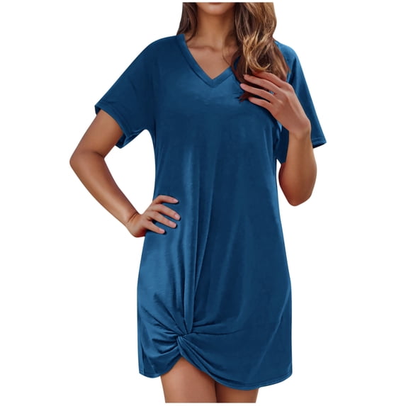 MGDXOX Women's Swimsuit Coverup Short Sleeve Swimwear Beach Cover Ups Sheer Twisted Hem Basic Summer V Neck Shirt Sun Dresses Blue L