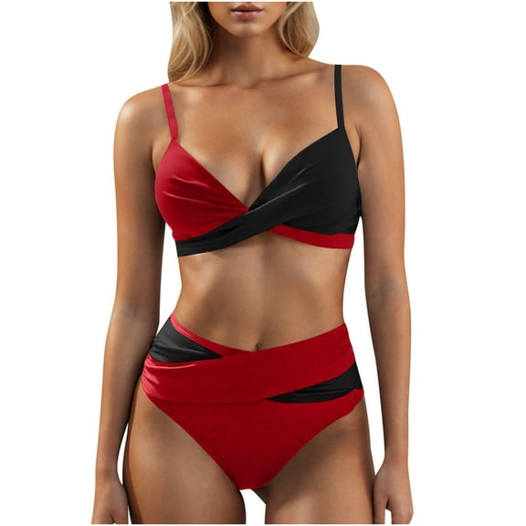 MGDXOX Women's Swimsuits Bikini Color Block Criss Cross V Neck Cute Swim Two Piece Spaghetti Strap Bathing Suits Red L