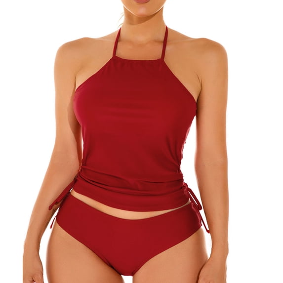 MGDXOX Women's Tankini Swimsuits 2 Piece Tummy Control High Neck Ruched Bathing Suits Vintage Elegant Swimwear with Shorts Wine M