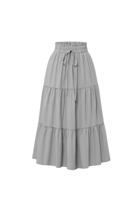 Women's Tiered Maxi Skirt High Waist Drawstring Ruffle Flowy Long Skirt Casual A-Line Pleated Swing Skirt for Spring Summer Gray S