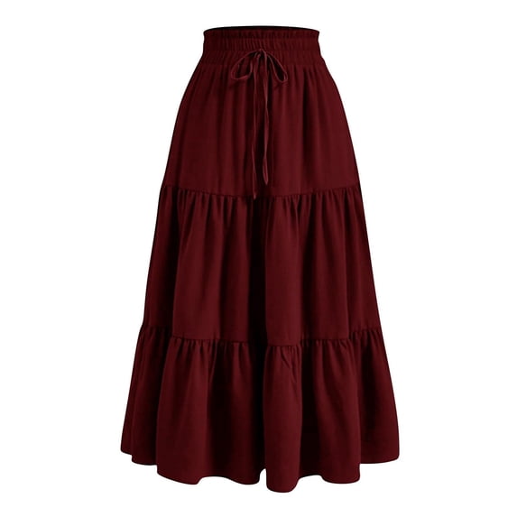 MGDXOX Women's Tiered Maxi Skirt High Waist Drawstring Ruffle Flowy Long Skirt Casual A-Line Pleated Swing Skirt for Spring Summer Wine XL