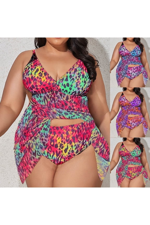 Women's Tummy Control Plus Size Tank Tankini Bathing Suits 2Pcs Leopard Swimuits V Neck Swimdress with Bikini Bottom Hot Pink XXXXL
