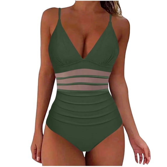 MGDXOX Women's Tummy Control Push Up Padded Swimsuits Mesh One Piece Bathing Suits Slimming V Neck Swimwear Army Green XXL