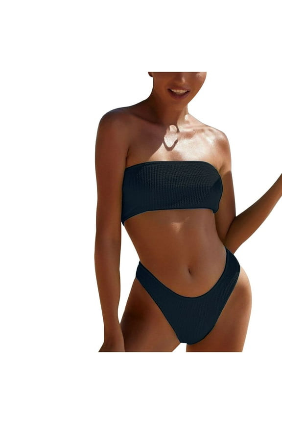 Women's Two Piece Bandeau Swimsuit Ribbed Strapless Tube Bikini Top with Mid Waist Cheeky Bottom Bathing Suit Black XL
