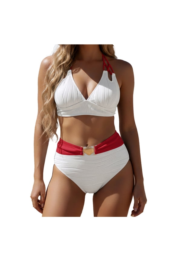 Women's Two Piece Bikini Set with Deep V Neck Criss Cross Back Adjustable Straps High Waisted Bottom for Beach White S