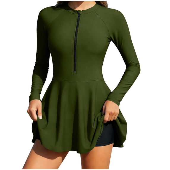 MGDXOX Women's Two Piece Rash Guard Long Sleeve Modest Swimsuits Dress Zipper Bathing Suit Swimskirt With Bottom Green XL