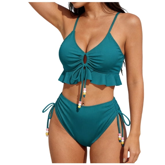 MGDXOX Women's Two Piece Swimsuit Ruffle Bikini High Waisted Bikini Sets Halter Bathing Suit for Curvy Women with Drawstring Green S