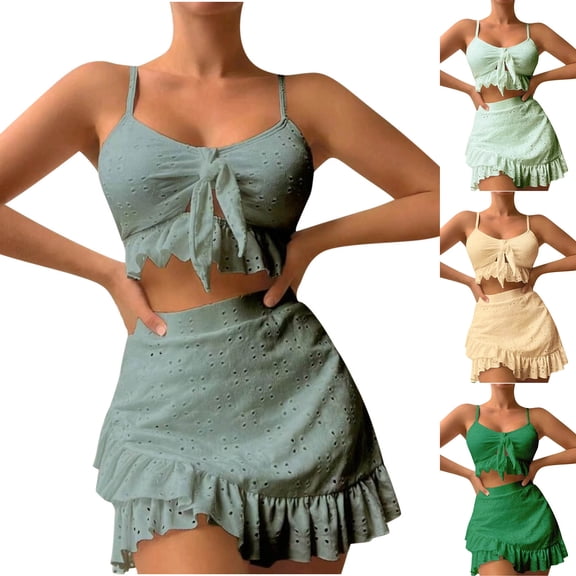 MGDXOX Women's Two Piece Swimsuit Ruffled Lace-Up Crop Top Flounce Skirt Set Fashion Solid Bathing Suit for Beach Green M