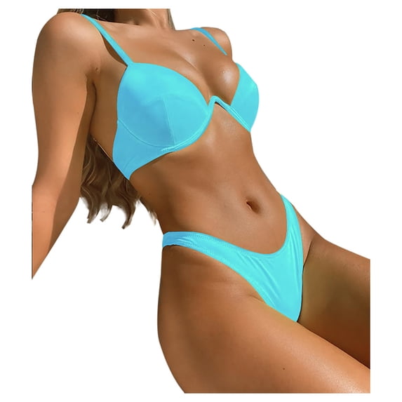 MGDXOX Women's Underwire Triangle Bikini Spaghetti Strap Push Up Swimsuit Cheeky Solid Two Piece Bathing Suit Light Blue L