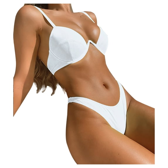 MGDXOX Women's Underwire Triangle Bikini Spaghetti Strap Push Up Swimsuit Cheeky Solid Two Piece Bathing Suit White S