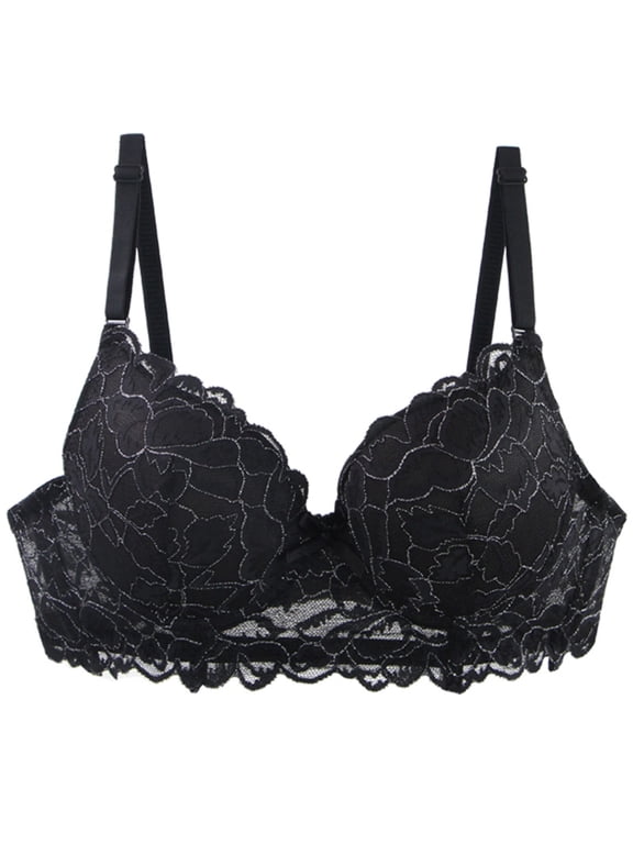 Women's Vintage Floral Scalloped Lace V-Neck Underwire Bra, Thin Adjustable Strap Side Smoothing Date Night Intimate Bra Black 85C