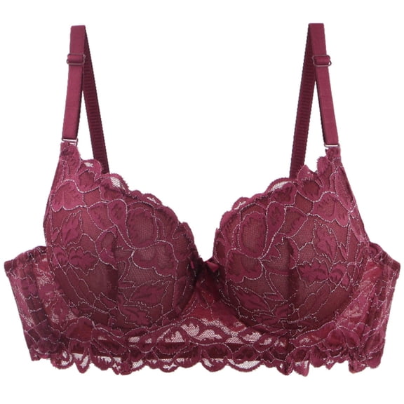 MGDXOX Women's Vintage Floral Scalloped Lace V-Neck Underwire Bra, Thin Adjustable Strap Side Smoothing Date Night Intimate Bra Wine 80C