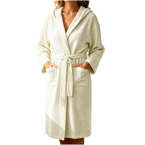 MGDXOX Women's Waffle Knit Hooded Bathrobe, Belted Spa Robe with Pockets, Soft Absorbent Lightweight Loungewear Beige Free Size