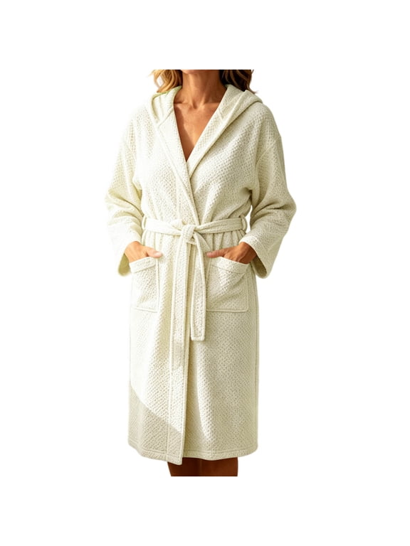 Women's Waffle Knit Hooded Bathrobe, Belted Spa Robe with Pockets, Soft Absorbent Lightweight Loungewear Beige Free Size