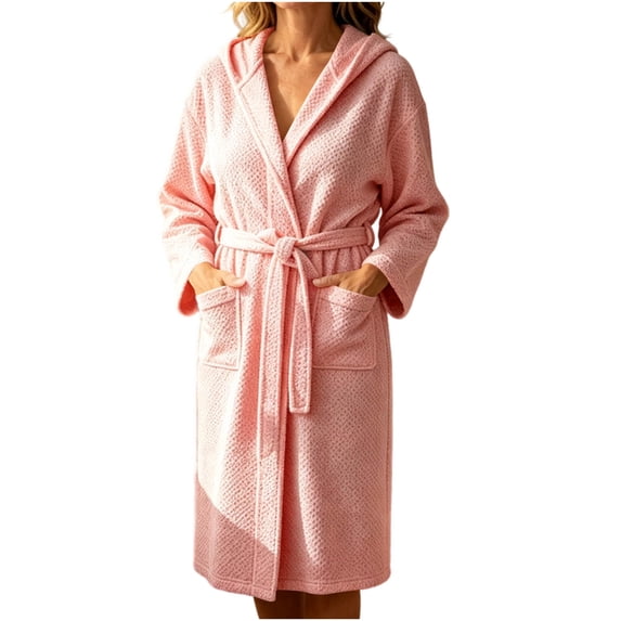 MGDXOX Women's Waffle Knit Hooded Bathrobe, Belted Spa Robe with Pockets, Soft Absorbent Lightweight Loungewear Pink Free Size