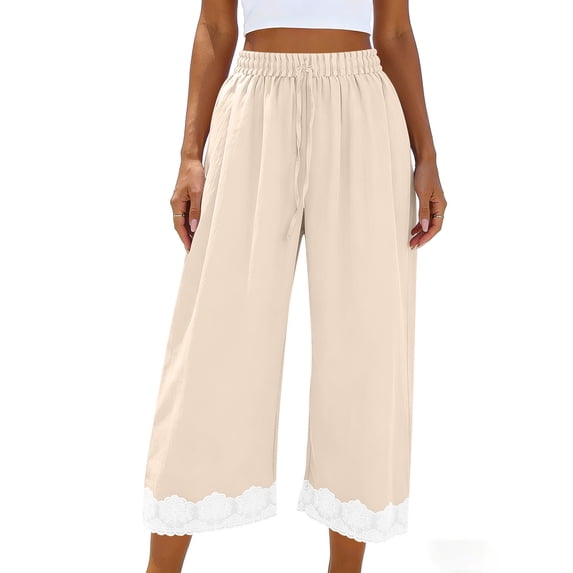 MGDXOX Women's Wide Leg Pajama Pants Elastic Waist Lace Trim Loungewear Pants with Pockets for Sleepwear Khaki Free Size