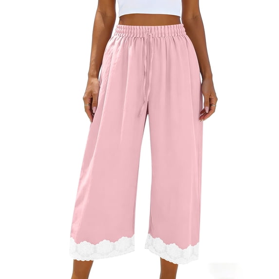 MGDXOX Women's Wide Leg Pajama Pants Elastic Waist Lace Trim Loungewear Pants with Pockets for Sleepwear Pink Free Size