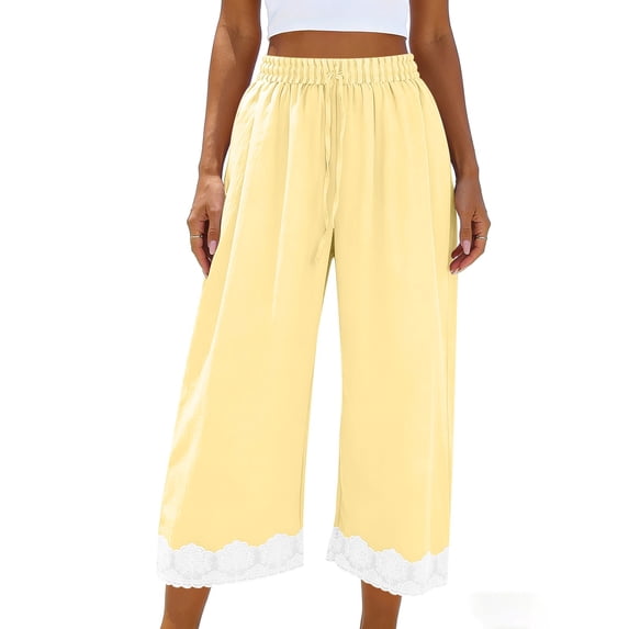 MGDXOX Women's Wide Leg Pajama Pants Elastic Waist Lace Trim Loungewear Pants with Pockets for Sleepwear Yellow Free Size