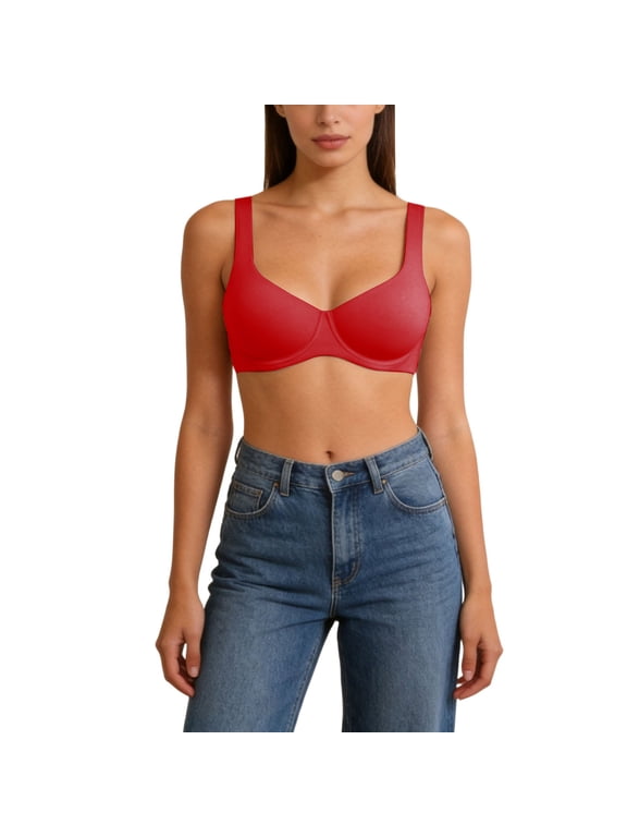 Women's Wide Square Neck Light Lined Underwire Full Coverage Bra, Thin Adjustable Strap Side Smoothing Everyday Office Support Bra Red 32DD