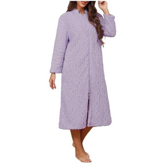 MGDXOX Women's Zipper Robe Soft Long Sleeve Bathrobe Warm Winter House Coat Full Length Nightgown Solid Color Loungewear Purple M