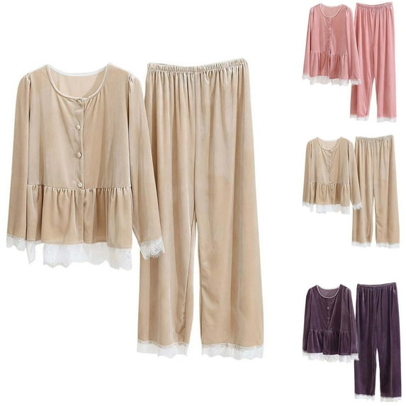 MGDXOX Womens 2 Piece Lace Pajama Set Soft Velvet Tunic Top Sleep Shirt and Pants Button Down Loose Velour Winter Pajamas Purple M